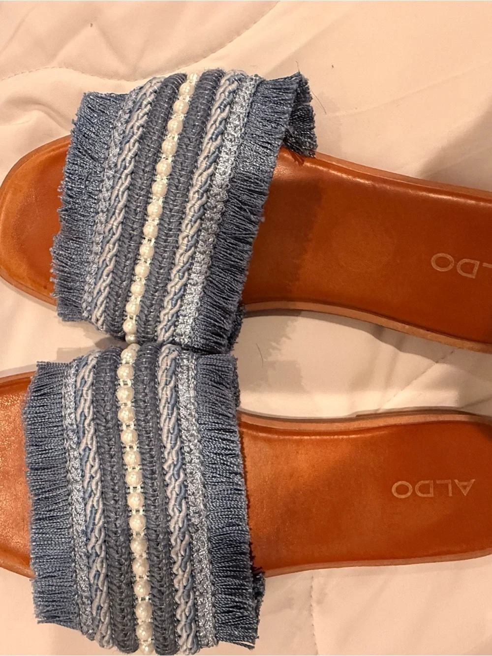 Aldo Blue Fringed Slide Sandals with Pearl Accent